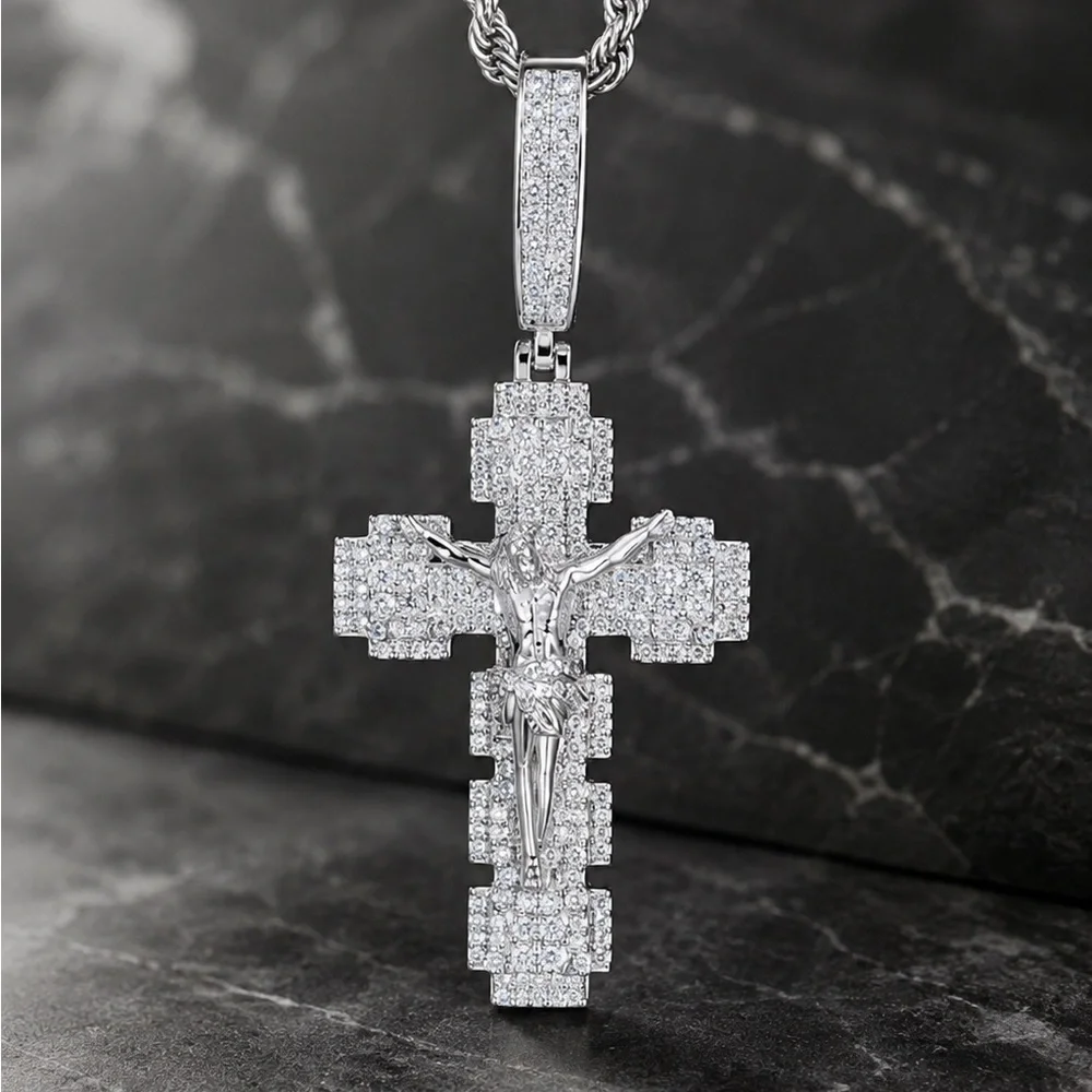 925 Sterling Silver 3.00CTW MOISSANITE Crucifix Cross Men’s Pendant
